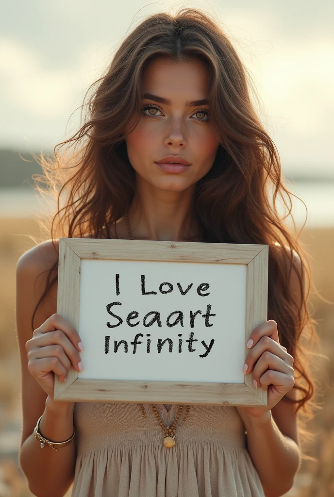 Beautiful girl with wavy long hair, bohemian dress, holding a white board with text "I Love Seaart Infinity" and showing it to the viewer