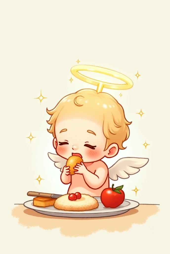 Draw a picture of a cute little angel eating, cartoon