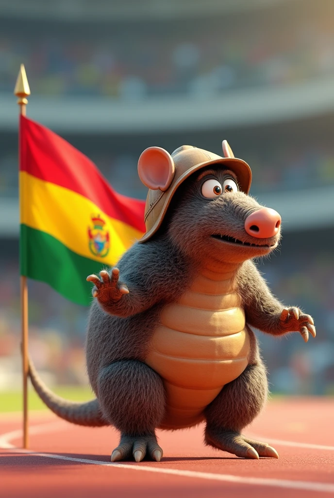 An animated armadillo with the Bolivian flag in his hand, with a brown miner's helmet on his head and he is running athletics Paris 2024 The flag is red, yellow and green The hairiest shell And his faintest, most confident character