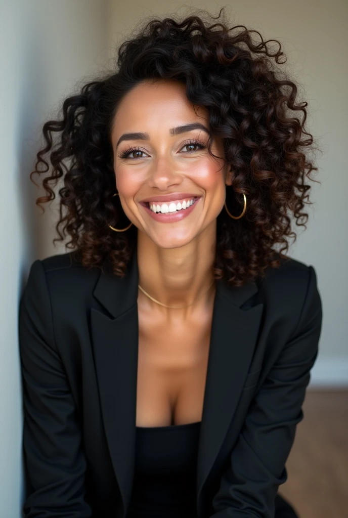 Create business woman photo, pretty, curly hair and smile