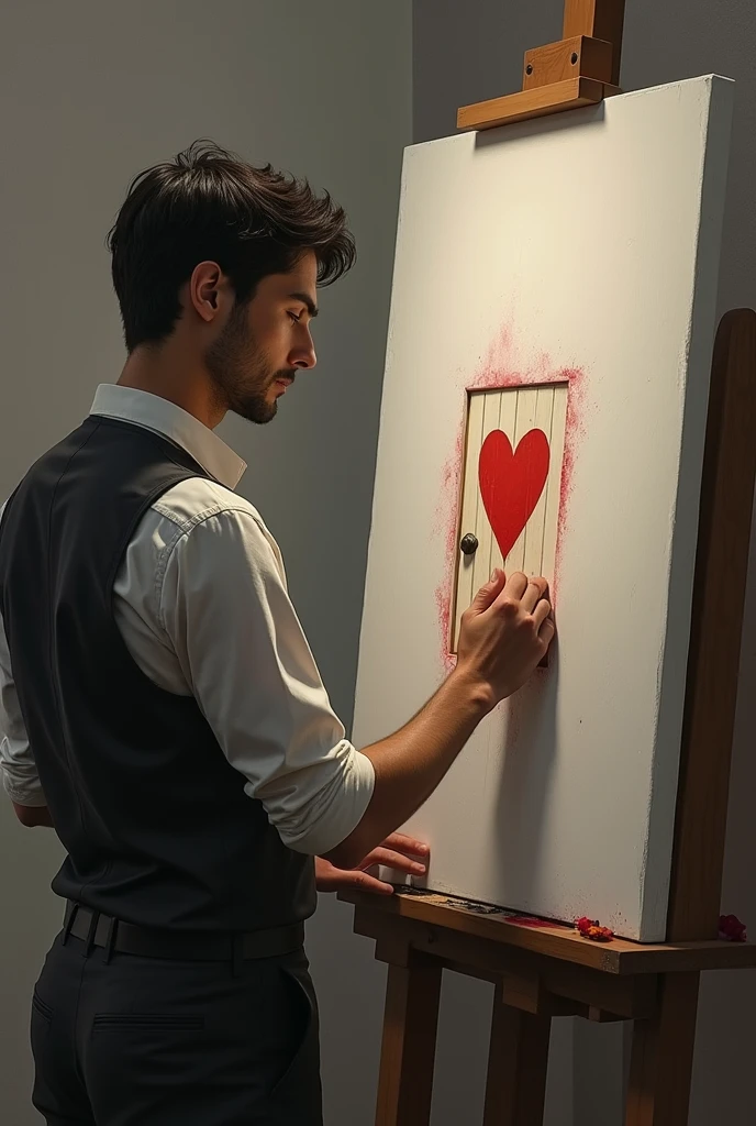 A male painter is making a painting on a canvas in which he draw a heart and a small single closed door on it