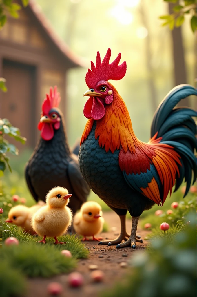 A red rooster, and a black hen with some chicks in village garden