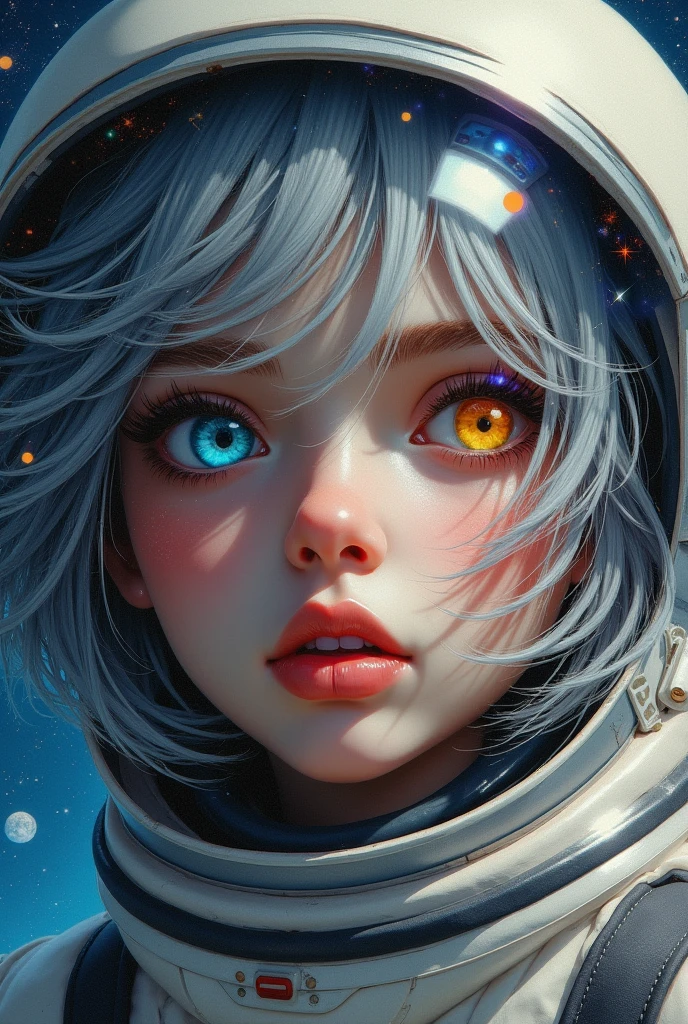 (Close-up of a better masterpiece:1.5)0.9], (Space and astronauts:1.2) (Messy silver hair:1.1) (Heterochromia xanthochromia and blue eyes:1.2) (Space Helmet:1.0) (Colored stars in the eyes:1.0) (A radiant glow:1.1) (thick lips:0.9)