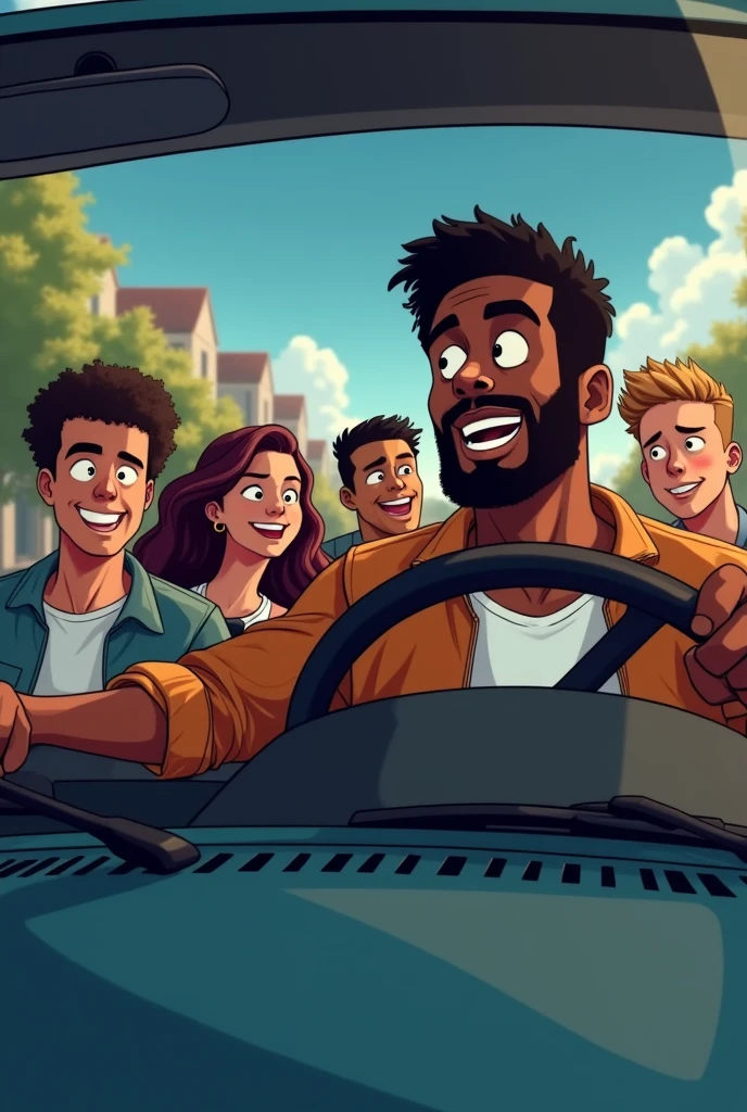5 friends who are all mid 20s, 4 male one female, who are riding in a car, with the one driving being a black mascular yet skinny guy.