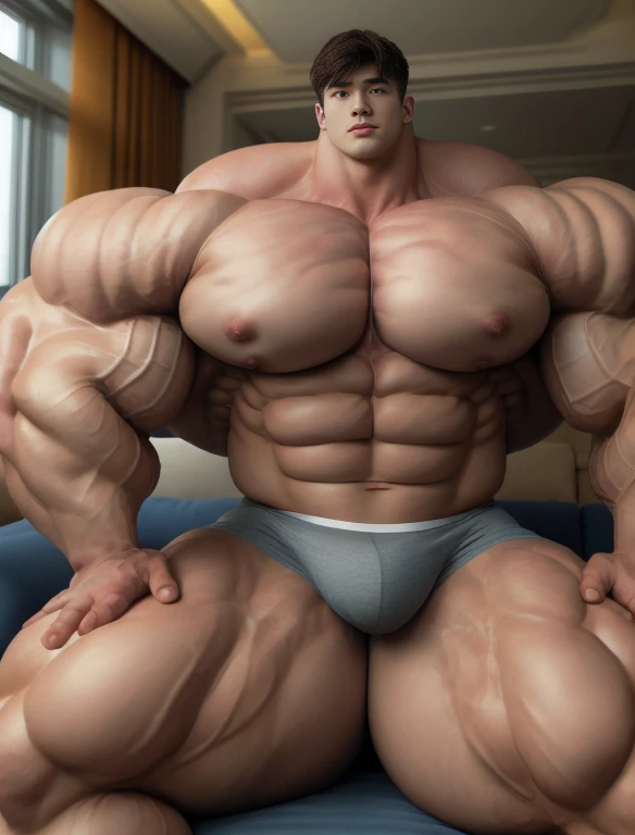 1boy, giant, asian, giant bodybuilder, warm light, strong body, bulk, large size, staring, sitting on couch in the plush dorm room, open legs, nude, navy triangular underwear, prominent bulge, extraordinary big, brutalmass, giant, muscular body, bulk, buff, massive body, large meaty body size, extremely wide body