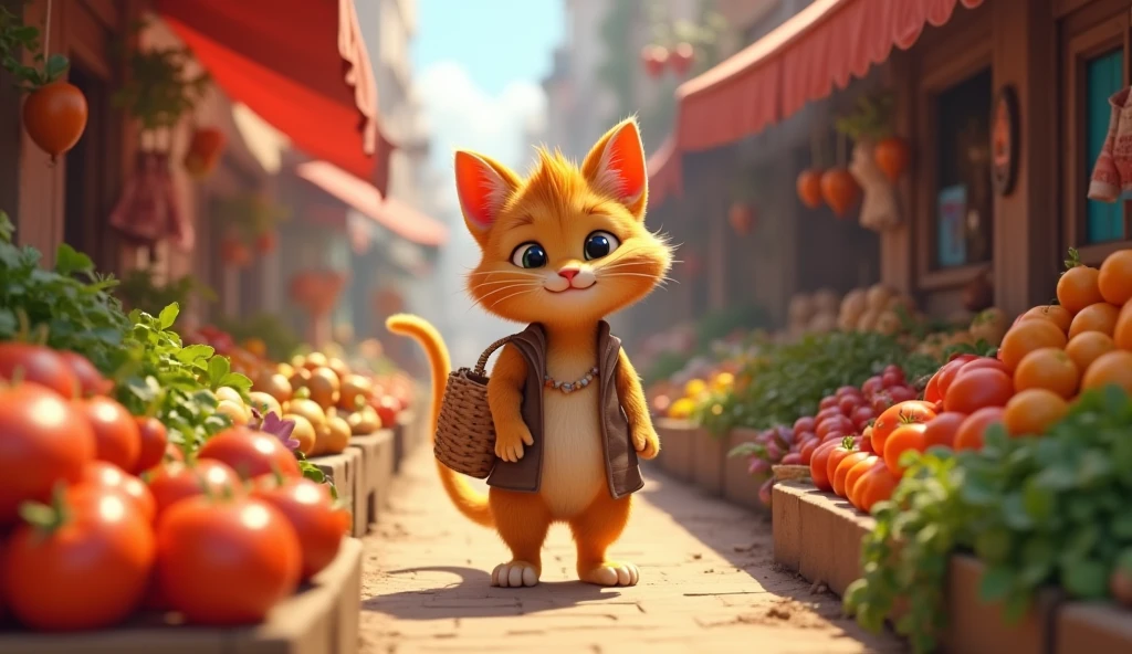 "Depict the cat shopping at a local market with stalls selling fruits, vegetables, and crafts. The market is busy, colorful, and full of fresh produce."
"3d animated disney inspired