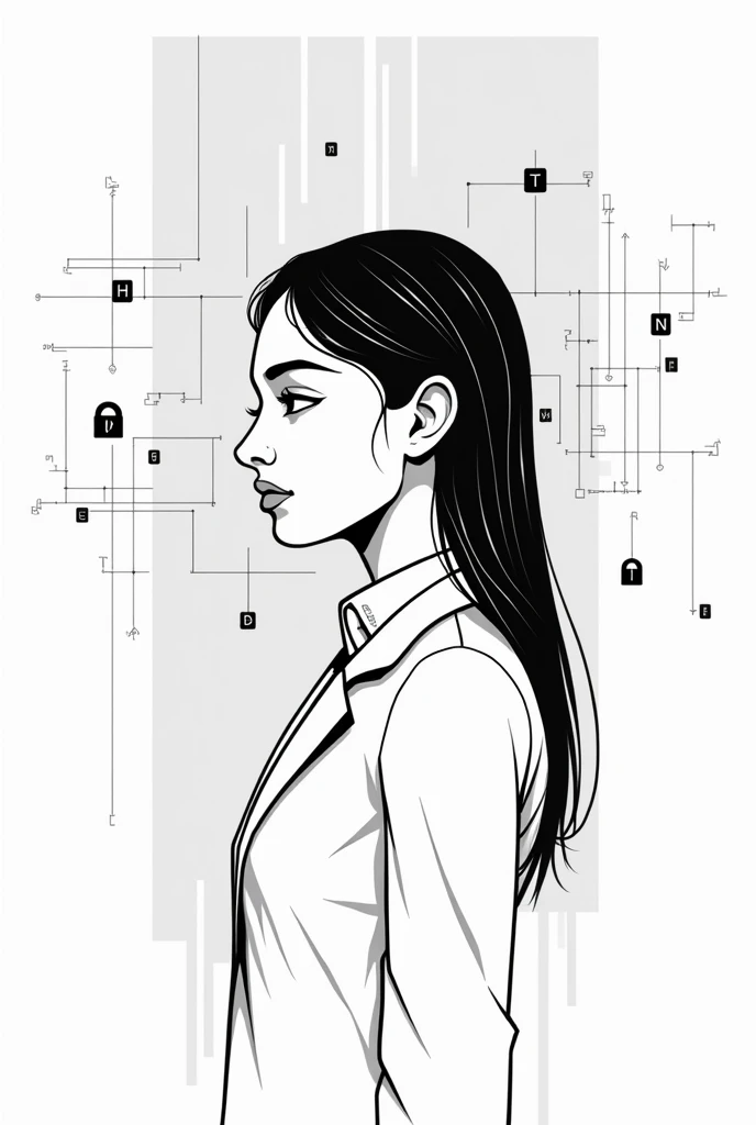 A flat vector drawing with simple lines and a minimalist approach in black and white, focused on information security and hacking, must be a woman, based on strokes only