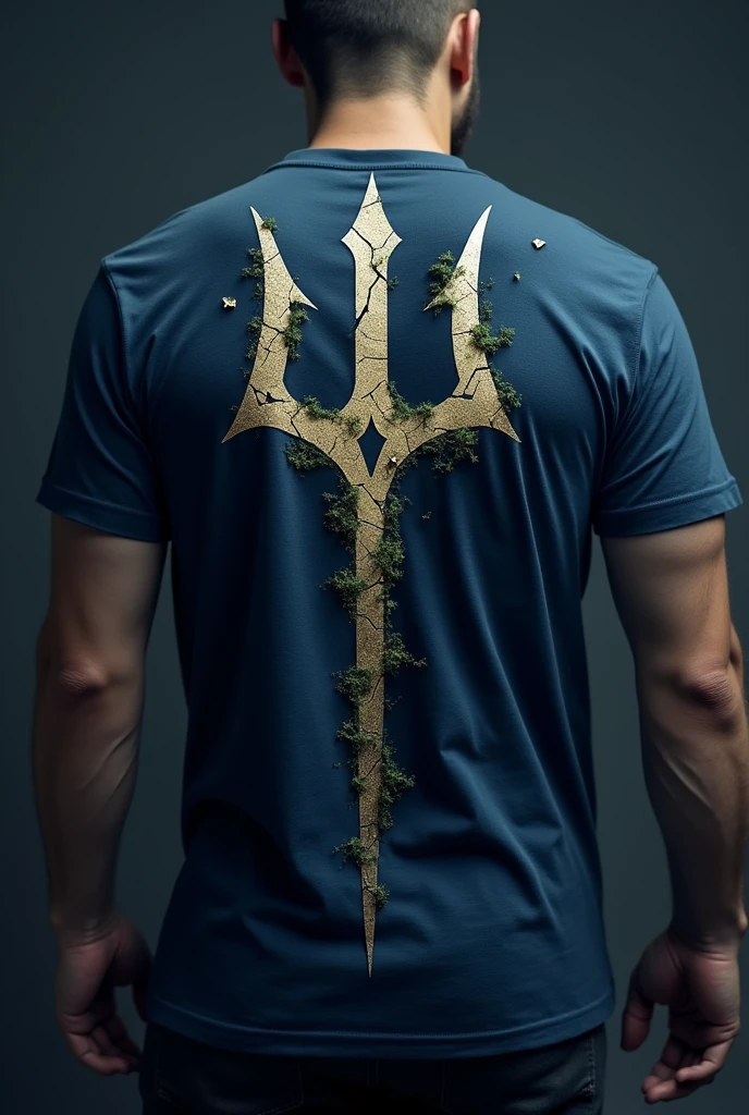 Design a trident on the back of a dark blue t-shirt, Make the trident cracked but not pierced, in the same way that the structure is thicker, that the trident has like moss