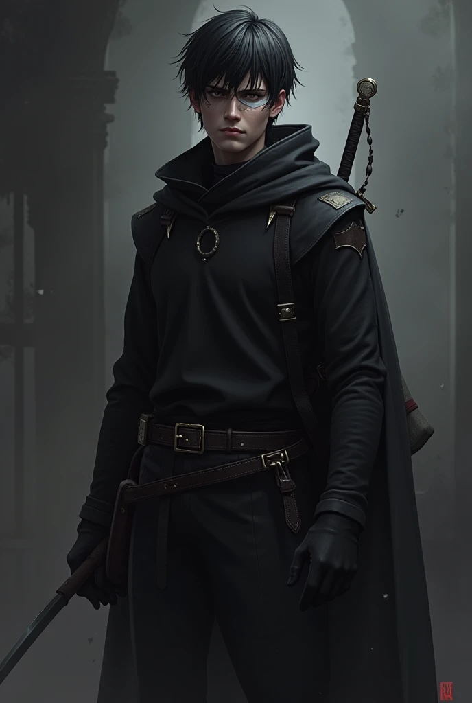 Young man, short black hair with some white hair, bandage covering the left evil eye, wearing black long sleeve shirt, black pants, black gloves, black long hooded, sword on left hip, right side bag.
