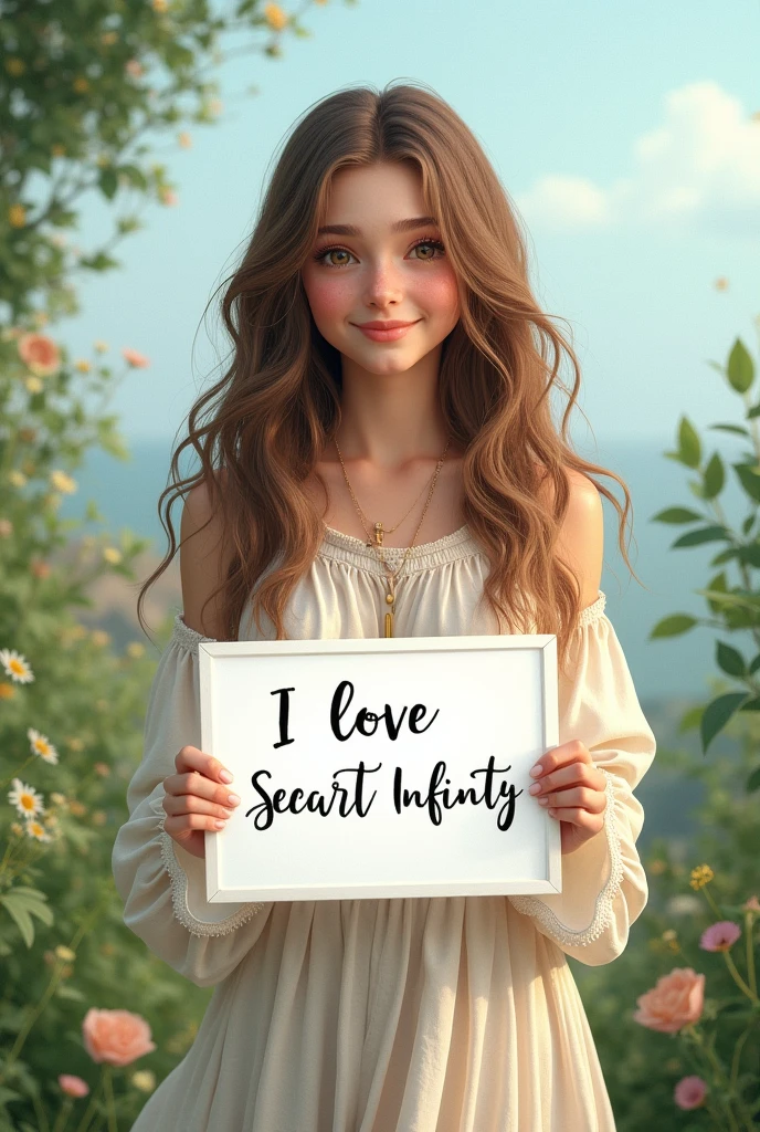 Beautiful girl with wavy long hair, bohemian dress, holding a white board with text "I Love Seaart Infinity" and showing it to the viewer
