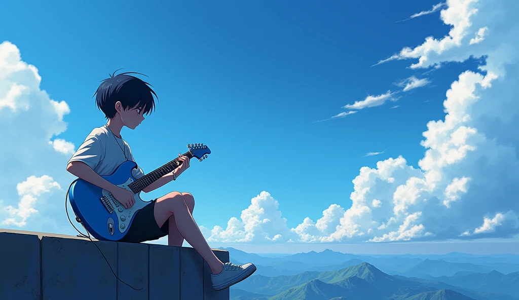 Anime boy sitting on a ledge playing a Blue Electric guitar, Anime Art Wallpaper 8K, Anime Art Wallpaper 4K, Anime Art Wallpaper 4K, Estilo anime 4K, 4k anime wallpapers, 4k anime wallpapers, 4k anime wallpapers, Wallpapers manga 4K wallpapers, Makoto Shinkai Cirilo Rolando, the girl plays the guitar, lofi