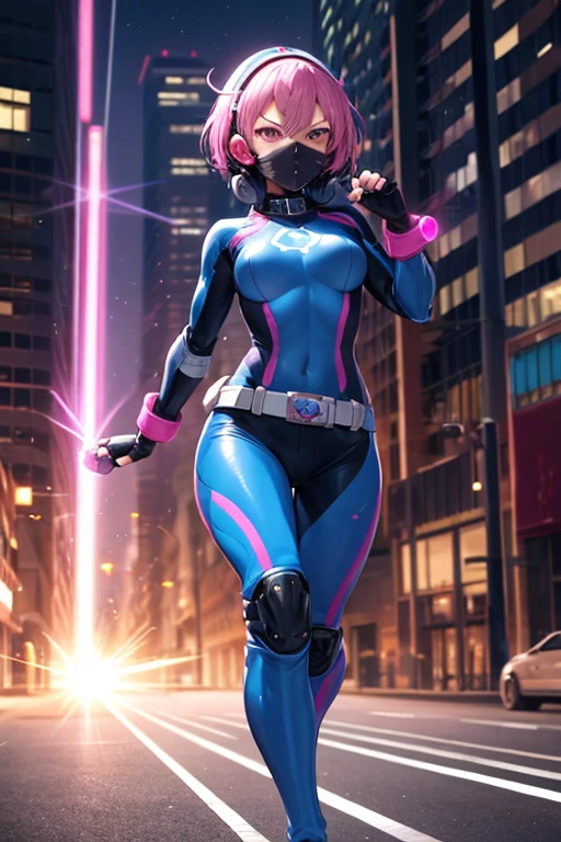 ((best quality)), ((masterpiece)), (detailed), 1 girl, full body, 20s, young adult, masked, black mask covering her entire head, smooth head, furious expression, biker helmet, biker helmet with blue headphones on the sides, flashlight on her forehead, short pink hair sprouting from her helmet, face, black collar, tall, slim, athletic, circles on her wrists, pink detailing, black fingerless gloves, pink wrist guards, nanotech speedster suit resembling light armor, blue chest with an emblem, blue chest, black suit with pink lines, pink speed emblem on her chest, pink emblem, blue pants, gray knee pads, metallic pink boots, white superhero belt, running through the city, pink light trail, laser, city background, anime