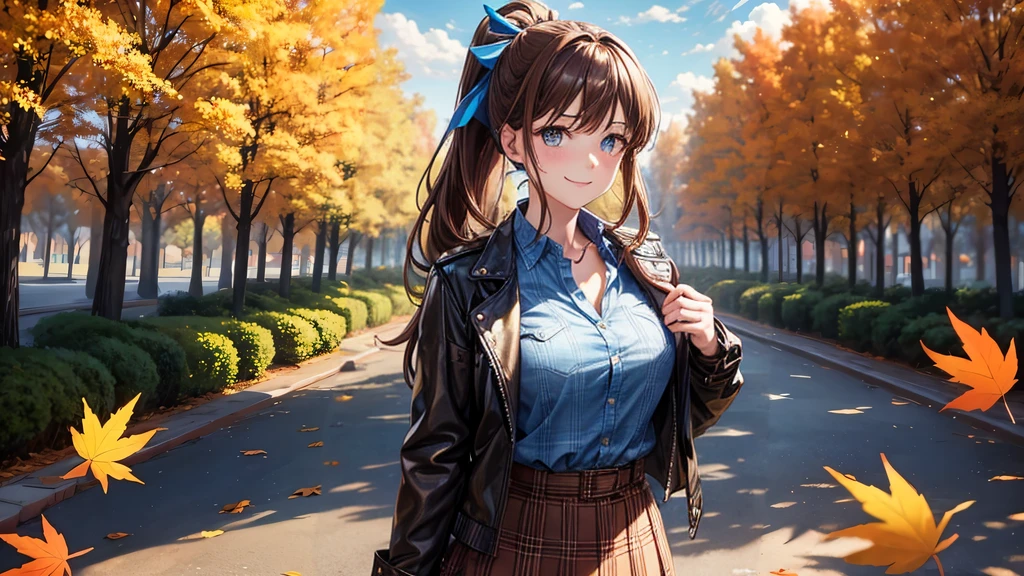1girl, solo, trees, sun, clouds, autumn, colorful trees, falling leaves, ((brown hair)), ponytail, large breasts, ((black leather jacket)), button down shirt, ((blue checked shirt)), ((unbuttoned shirt)), unbuttoning buttons, cleavage 1:3, blue eyes, long skirt, brown boots, smile, happy, looking at the viewer, walking, hair ribbon, golden necklate