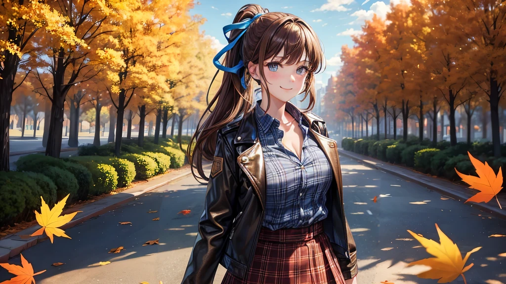 1girl, solo, trees, sun, clouds, autumn, colorful trees, falling leaves, ((brown hair)), ponytail, large breasts, ((black leather jacket)), button down shirt, ((blue checked shirt)), ((unbuttoned shirt)), unbuttoning buttons, cleavage 1:3, blue eyes, long skirt, brown boots, smile, happy, looking at the viewer, walking, hair ribbon, golden necklate