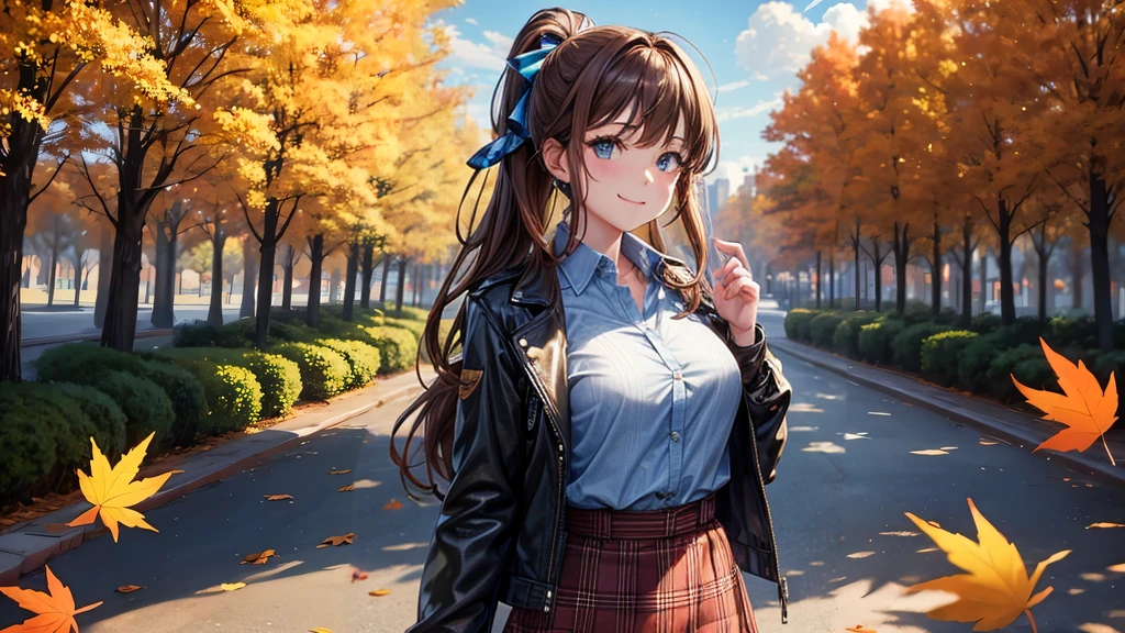 1girl, solo, trees, sun, clouds, autumn, colorful trees, falling leaves, ((brown hair)), ponytail, large breasts, ((black leather jacket)), button down shirt, ((blue checked shirt)), ((unbuttoned shirt)), unbuttoning buttons, cleavage 1:3, blue eyes, long skirt, brown boots, smile, happy, looking at the viewer, walking, hair ribbon, golden necklate