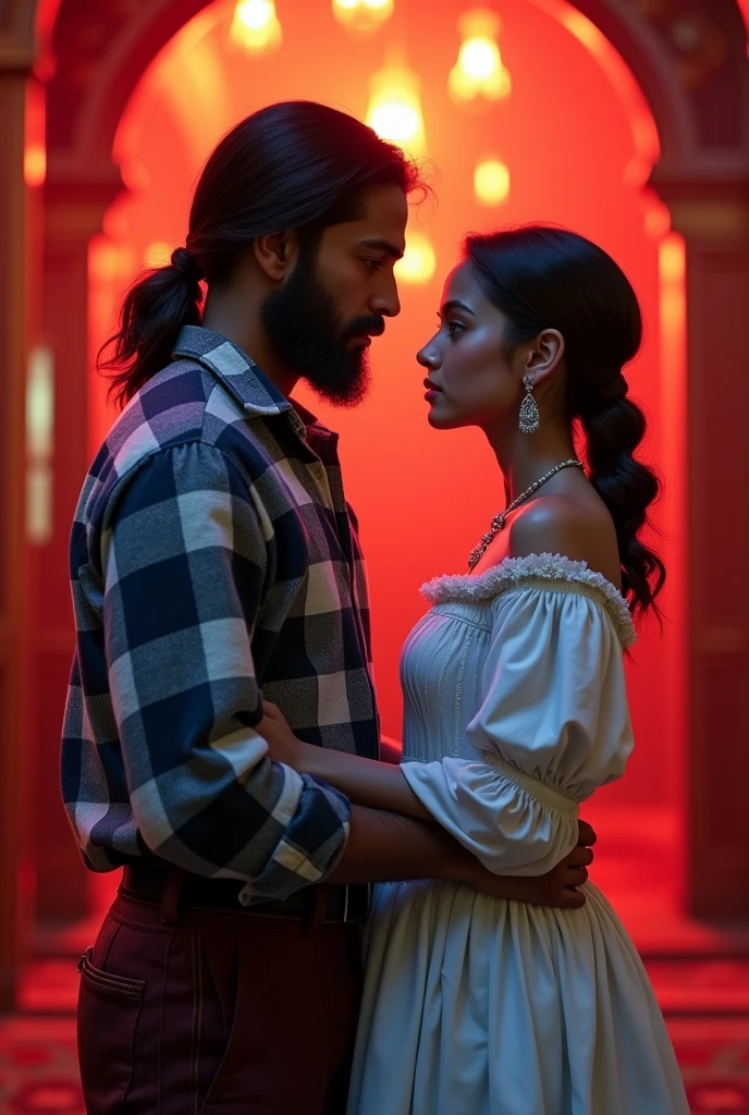 An indian boy wear long sleeved flannel blue checked button open shirt with beard looking with a girl who wear white High Low Victorian Dress Puff Sleeve Off Shoulder with boys cut hair and various red light in background