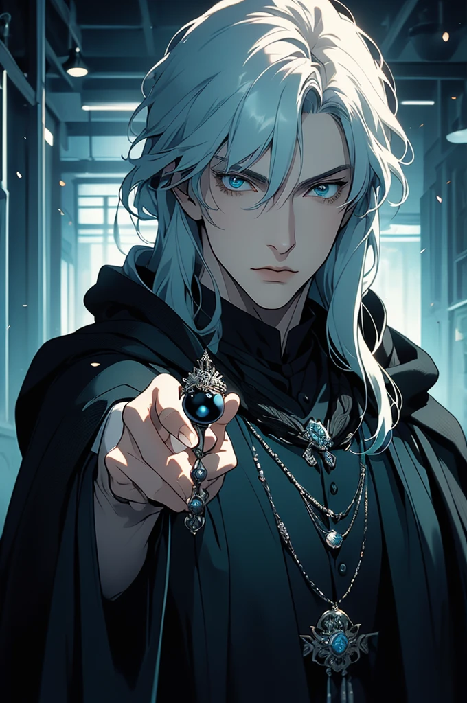 (masterpiece, 32k, 8k) very detailed image, naturally handsome young man, pale skin, shoulder-length silver hair, deep cyan eyes, (beautiful black cloak), image focused on the character's face, character looking fixedly at the viewer, cynical expression, office background, holding a black pearl in your hand