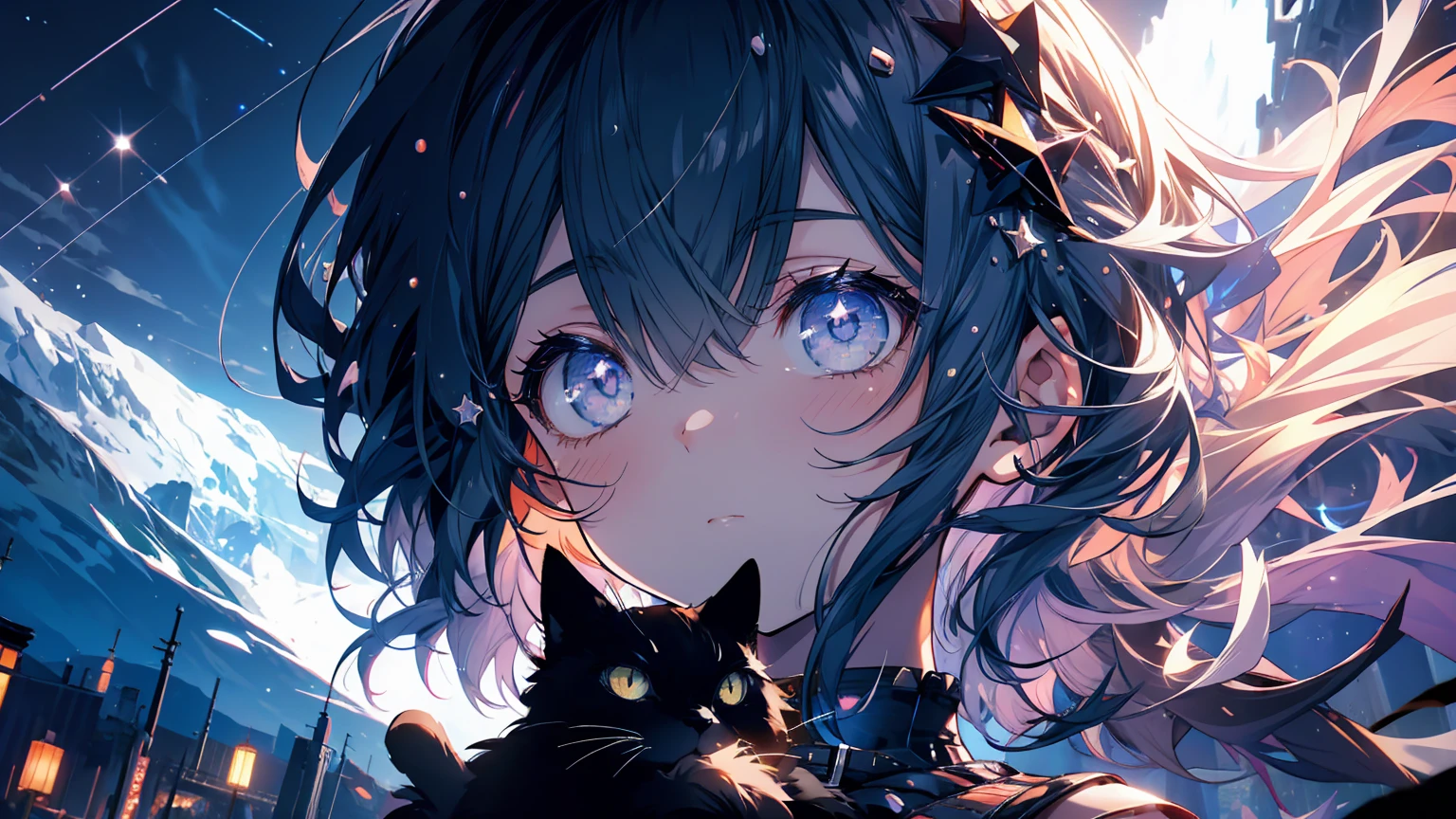 A girl is looking up at the starry sky.
A girl is holding a black cat.
A meteor shower is shining in the snowy mountains.