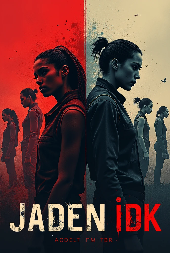 Help me create a 16 image:9, with katarinas in the background with different outfits, different colors, with the same appearance fighting each other and at the bottom in the middle you write JADEN IDK in black letters with a scarlet red highlight line, 