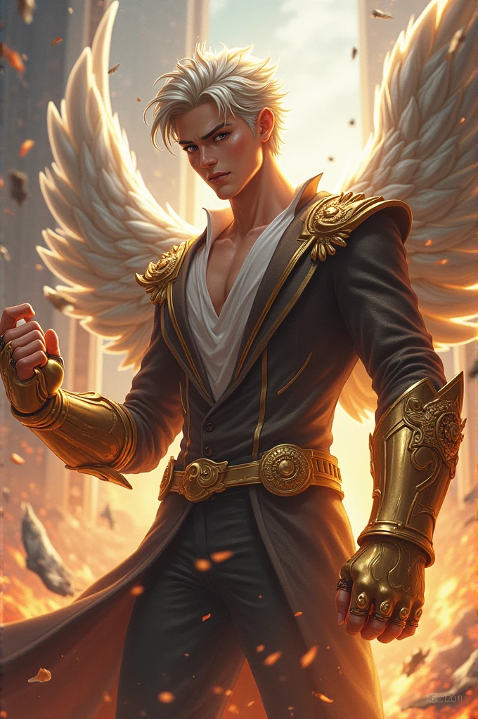 A 18 years young boy stand , clear and white skin, boy wear clothes like God, good and stylish hair style, wings in back of shirt of, oy looking camera, boy hold magical gloves of thano in one hand, boy destroying large buildings in background with the help of gloves of thanos, boy hold magical gloves of thanos in one hand, boy looks like God, dangerous eyes of boy, his face is clearly shows, boy's full body in frame, silver and golden magical wings, boy destroying large buildings in background, full body of boy in frame