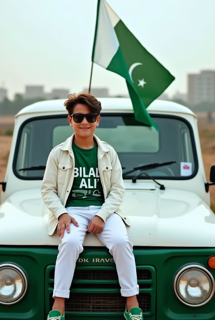 Create an Real image featuring a young man sitting on the hood of a white and green truck, with Pakistan's scenic background. He's holding a flag celebrating Pakistan's 14th August. The boy wears a green T-shirt with 'BILAL Ali' printed on it, white jacket, white pants, green shoes, and sunglasses."