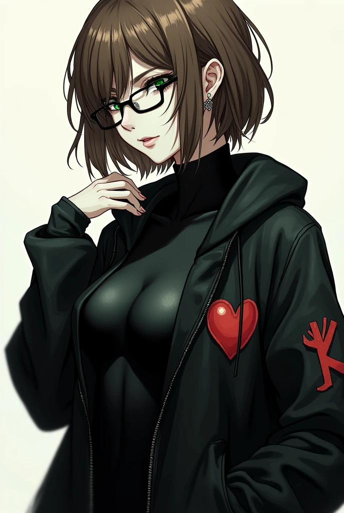 Une femme manga du style du manga death note la peau pale les yeux vert émeraude, les cheuveux brun, habiller d'un body noir et d'une veste noir large avec un signe de sans-coeur de Kingdom Hearts et des lunettes noir rectangulaire