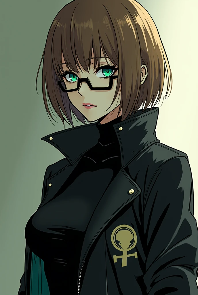 Une femme manga du style du manga death note la peau pale les yeux vert émeraude, les cheuveux brun, habiller d'un body noir et d'une veste noir large avec un signe de sans-coeur de Kingdom Hearts et des lunettes noir rectangulaire