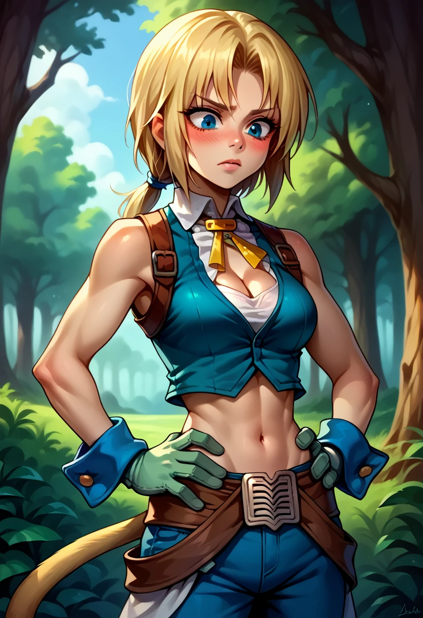 score_9, score_8_up, score_7_up, (female:1.5), 1girl solo, female focus, female body, skinny, zidane, blonde hair, medium hair, blue eyes, monkey tail, low ponytail, parted bangs, gloves, blue pants, midriff, standing, blushing hands on waist, cleavage, looking down, deep forest,
