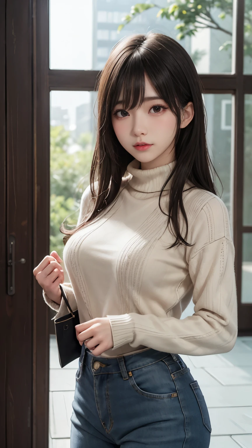 (16K, highres, absurdresmasterpiece, best quality, ultra detailed, exquisite, beautiful), delicate facial features, beautiful japanese idol, late teens, 19year old, woman, (looking at viewer:1.2), realistic portrait, raw photo, ultra realistic photo, upper body, front view, golden ratio, delightful, cheerful, smiling, (waving at the camera:1.4), armpit, standing, cinematic lighting, in focus with blurred background, medium hair, diagonal bangs, messy hair, brown hair, brown eyes, toned body, amusement park, Turtleneck Sweater,