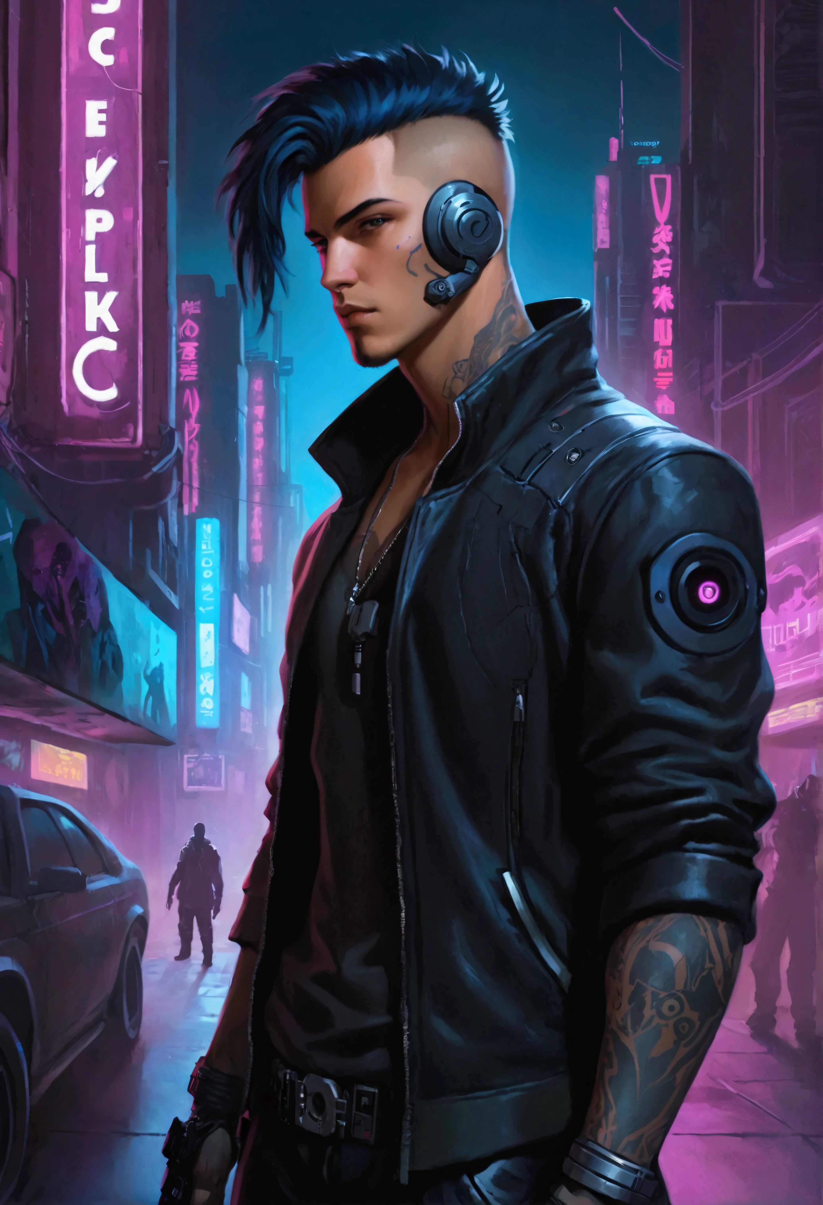 album cover "Shadows of cyberpunk" artista SergeWolf. Realistic cyberpunk male