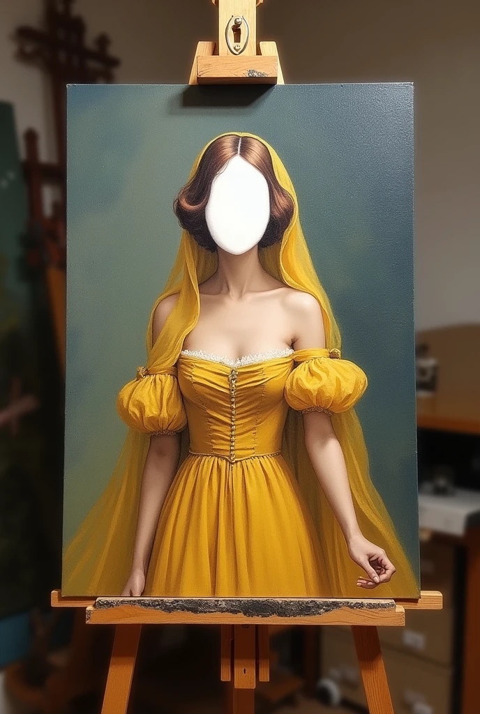 Generate the descriptive table in the excerpt:

On the other side, on a wooden easel, I saw one of the most beautiful paintings of my life. A woman with short brown hair wearing a flowing golden veil, an open-shoulder dress with fluffy round sleeves at the beginning of the arms. It wasn&#39;t, however, one of those academic impressionist paintings, super smoky. I could see the raised ink, where the gradients began and ended. The figure&#39;s face maintained the original white color of the screen., which makes me think it&#39;s unfinished. 
