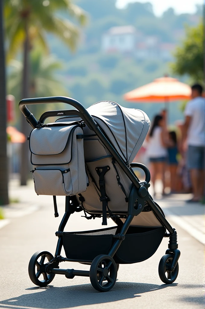 Create me an image for 4 seater stroller with a lot of compartment to keep bags and bottles or drinks along with sun protector