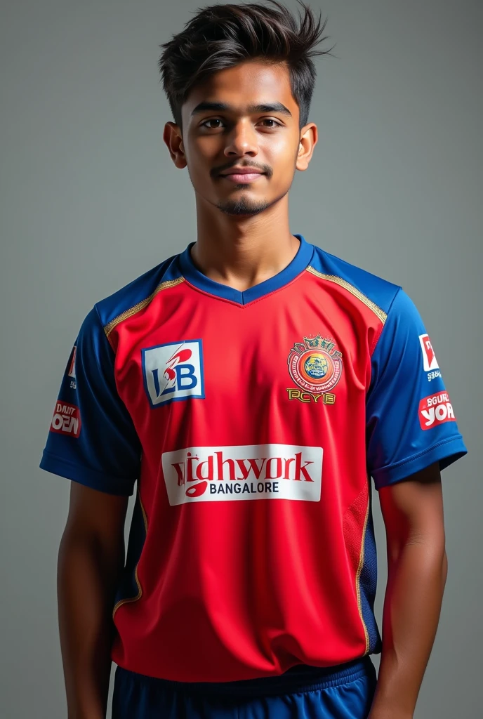 22 years brown Indian boy wearing RCB cricket jersey that number are 18 name on jersey is vijay in front