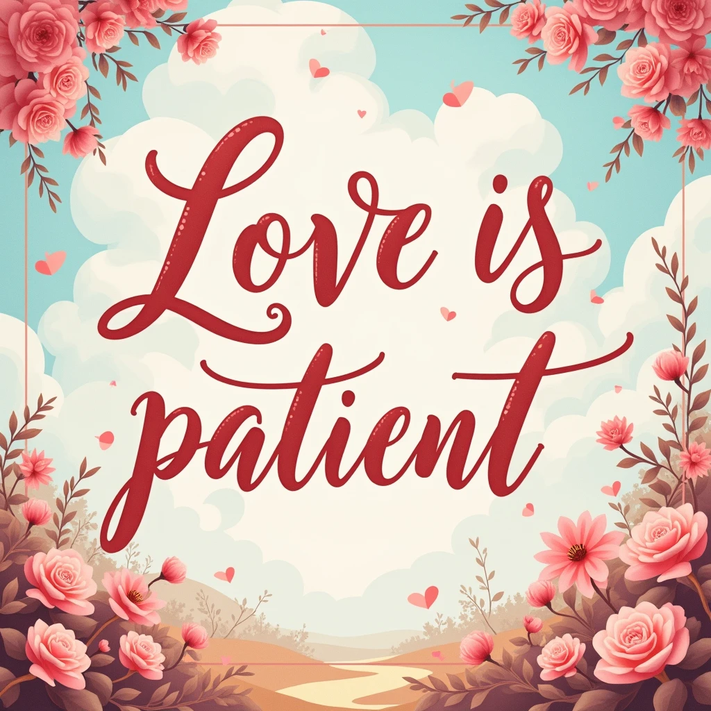 Typography Poster design, sweet theme, text "Love is patient", masterpiece, best quality, ultra-detailed, intricate, vivid colors