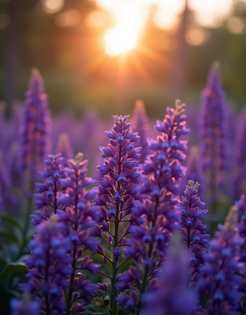 amazing violet garden with some grape in the center, contrast image with sun shines