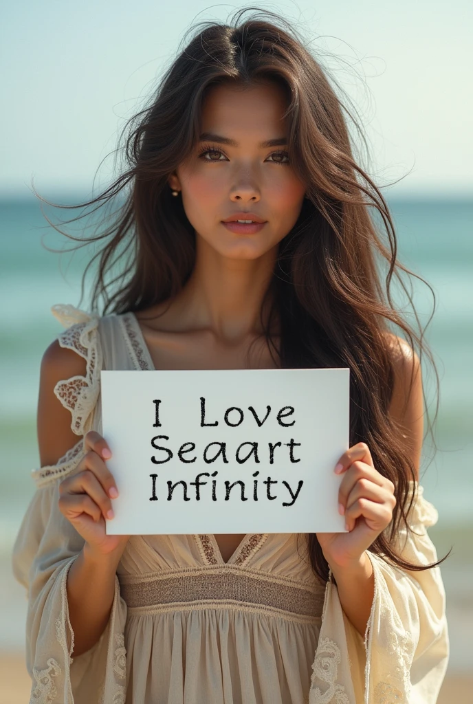 Beautiful girl with wavy long hair, bohemian dress, holding a white board with text "I Love Seaart Infinity" and showing it to the viewer