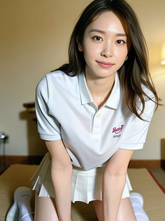 (Masterpiece, Best quality: 1.4), (Ultra realistic, Photo-realistic: 1.2), Full body, (kneeling: 1.3), Looking at viewer, Natural light, 28 years old actress, Japanese women, (arms behind back: 1.2), Neat and clean, ((Wearing white tennis uniform, White polo shirt with collar, Not buttoning the polo shirt, White pleated tennis skirt: 1.2)), (ponytail: 1.2), Light brown hair color, (Beautiful Face), Oval face, clear, (Beautiful eyes, Kind eyes), (Clear skin), Small face, (Small mouth, Beautiful mouth), Natural makeup, Approachable, Hotel Suite room,On bed, (nsfw:1.1), Seductive smile, Seductive pose, Beautiful thighs, Touch pussy, Bedroom eyes, Spread legs,