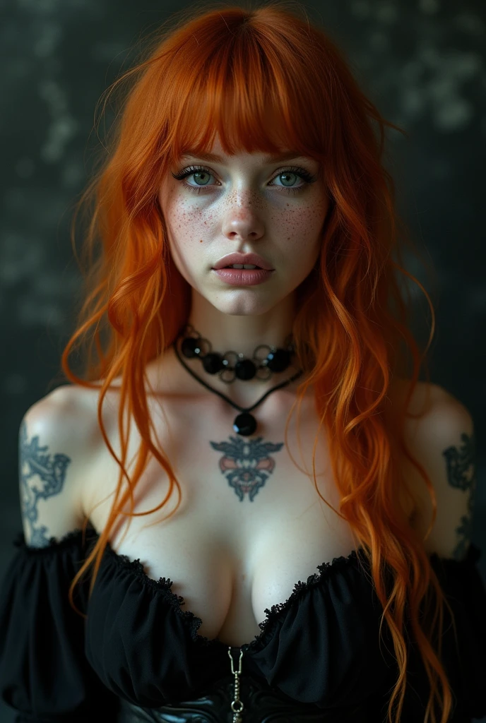 Upper body of a gothic girl, wearing black, ginger hair with bangs, long hair, storm clouds, whimsical charm, ethereal glow, (freckles on face), tack sharp focus on eyes, medium breast, (naked breast),(natural breast), teardrop breasts, unblemished skin, pore correlation, (((tattoos))), necklace,collar,chain, hyperdetailed,epiCRealism, vibrant color,amazing quality, masterpiece, best quality, hyper detailed, ultra realistic lighting, UHD, soft shadows, high Dynamic,alluring, seductive, dark dreams, from side,SkinHairDetail,posing