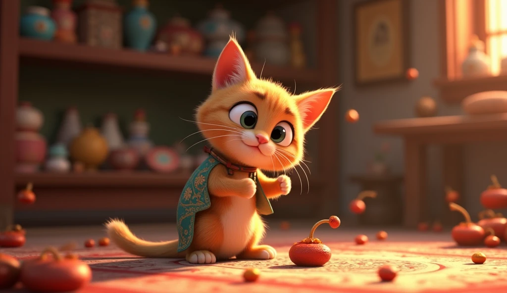 "Show the cat participating in local traditions or cultural activities, such as a traditional dance or craft-making workshop. The cat is engaged and learning new things."
"3d animated disney inspired