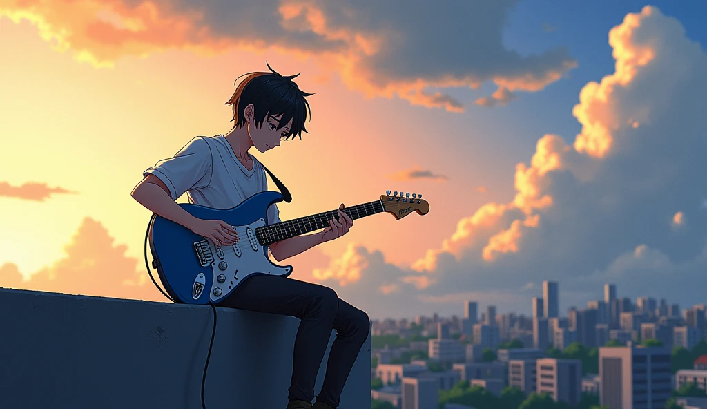 Anime boy sitting on a ledge playing a Blue Electric guitar, Anime Art Wallpaper 8K, Anime Art Wallpaper 4K, Anime Art Wallpaper 4K, Estilo anime 4K, 4k anime wallpapers, 4k anime wallpapers, 4k anime wallpapers, Wallpapers manga 4K wallpapers, Makoto Shinkai Cirilo Rolando, the girl plays the guitar, lofi