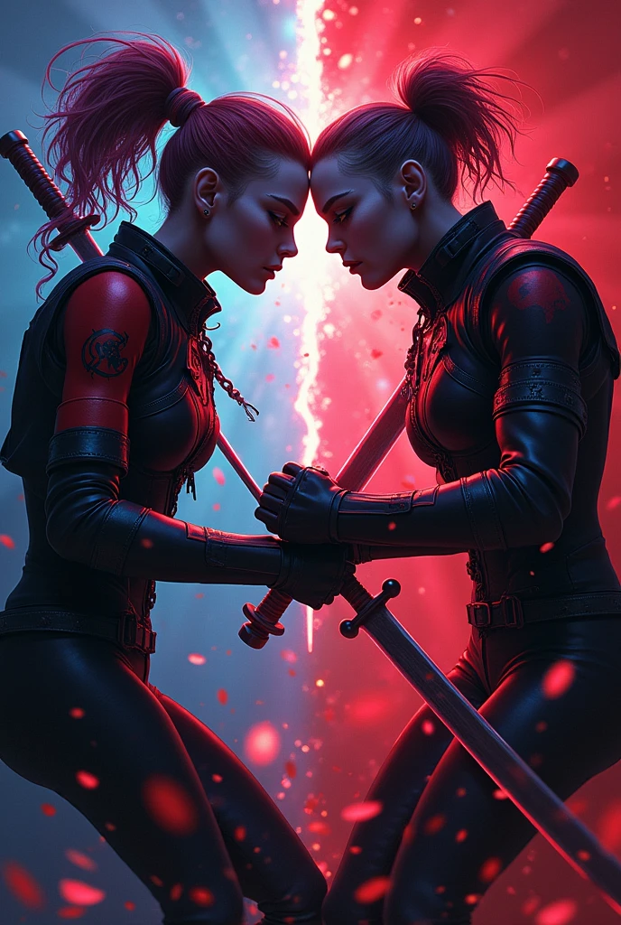 Help me create a 16 image:9, with katarinas from legion of legends with their swords and scars on the left eye in the background with a different suit in a different color with the same appearance fighting each other and at the bottom in the middle you write JADEN IDK in black letters with a scarlet red highlight line,