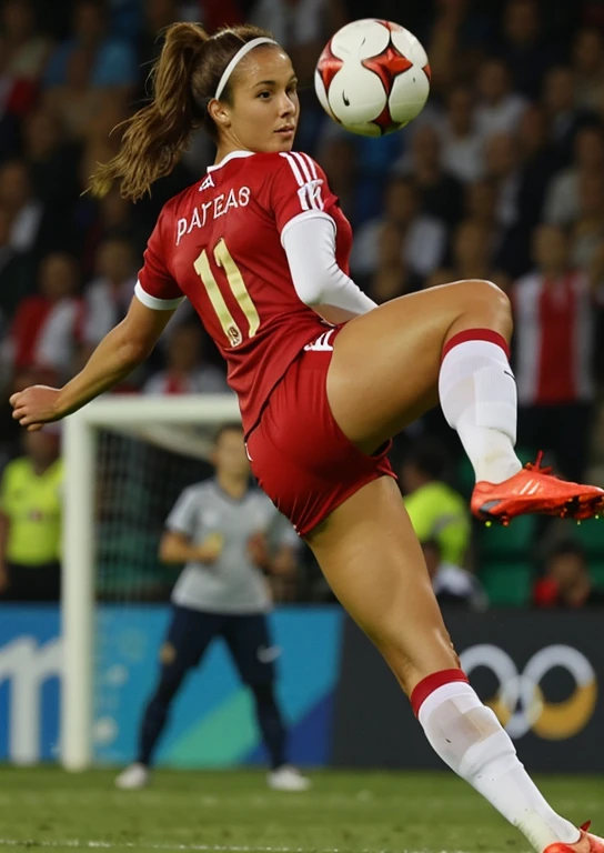 an attractive woman, soccer player, kicking a ball in a penalty at the Paris Olympics.