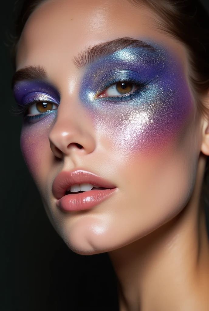 Create an award-winning editorial makeup look with glitter pigments and creative faded lines