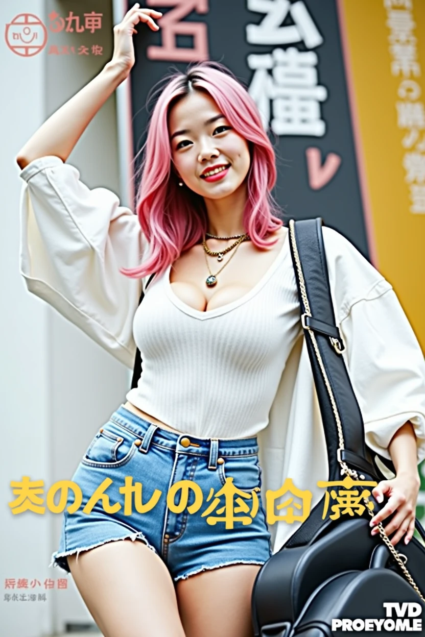 Poster layout for adult video, with text on screen: "BAND GIRL Shocking AV DEBUT!!", (((Japanese woman carrying a large black guitar case))), 26 year old adult woman wearing a black crew neck top with large English letters on her chest and short blue jeans posing for a photo, busty female porn actor, dynamic pose, model pose for rock music magazine, unimaginably beautiful woman with slender curves, Japanese female fashion model, (((very bright pink hair))), happy, thick chain jewelry around neck and arms, (((in front of a strip theater in Asakusa))), pure and beautiful smile, intelligent face, slender curves, big breasts, wearing a black t-shirt, a very small leather jacket, denim shorts, (((extreme low angle))), zero, building, carrying a black guitar case with a guitar strap attached,, (((DVD mark at the bottom right of the image、Blu-ray mark at the bottom right of the image)))、