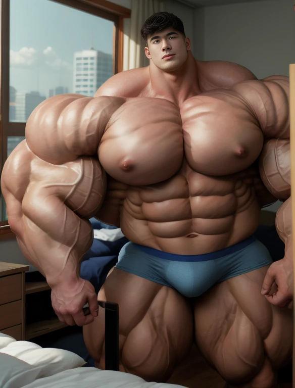 1boy, giant, asian, solo, giant bodybuilder, illuminating light, strong body, bulk, large size, standing in plush dorm room by the windows, indoor, nude, blue triangular underwear with enormous bulge, extraordinary big, brutalmass, giant muscular body, bulk, buff, massive body, large meaty body size, extremely wide body