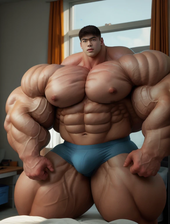 1boy, giant, asian, solo, giant bodybuilder, illuminating light, strong body, bulk, large size, standing in plush dorm room by the windows, indoor, nude, blue triangular underwear with enormous bulge, extraordinary big, brutalmass, giant muscular body, bulk, buff, massive body, large meaty body size, extremely wide body