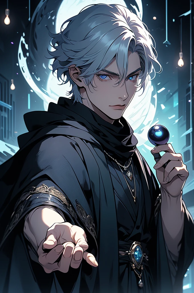 (masterpiece, 32k, 8k) very detailed image, naturally handsome young man, pale skin, shoulder-length silver hair, deep cyan eyes, (beautiful black cloak), image focused on the character's face, character looking fixedly at the viewer, cynical expression, office background, holding a black pearl in her hand, pearl shining black and purple