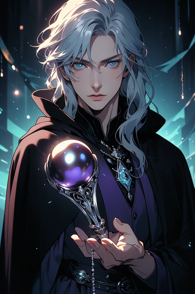 (masterpiece, 32k, 8k) very detailed image, naturally handsome young man, pale skin, shoulder-length silver hair, deep cyan eyes, (beautiful black cloak), image focused on the character's face, character looking fixedly at the viewer, cynical expression, office background, holding a black pearl in her hand, pearl shining black and purple