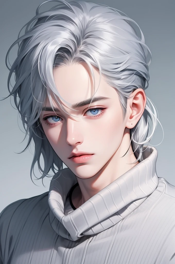 Boy, silver hair, blue eyes, serious sharp features, white skin, shiny lips, handsome, perfect, sweater