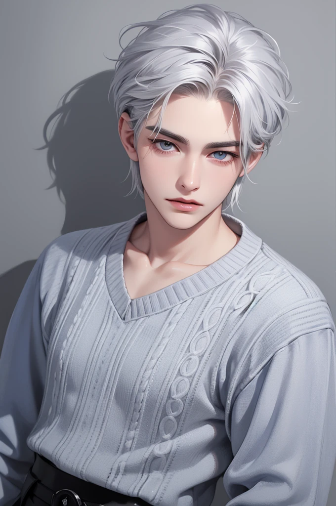 Boy, silver hair, blue eyes, serious sharp features, white skin, shiny lips, handsome, perfect, sweater